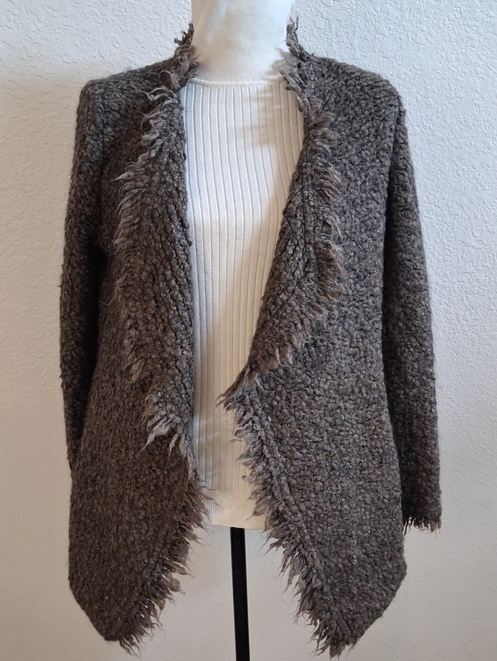 IRO Brown-Taupe Open-Front Wool Blend Fringe Cardigan Sweater.  Size 42= US 10